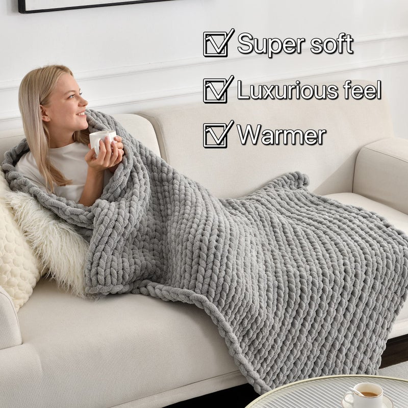 Maetoow Tighter Version Chenille Chunky Knit Blanket Throw (40?50 Inch)  Handmade Warm & Cozy Blanket Couch  Bed  Home Decor  Soft Fleece Banket  Boho Thick Blankets and Giant Yarn Throws Light Grey - Image 3