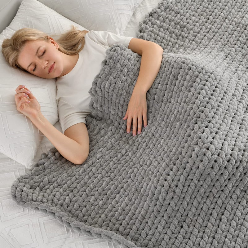 Maetoow Tighter Version Chenille Chunky Knit Blanket Throw (40?50 Inch)  Handmade Warm & Cozy Blanket Couch  Bed  Home Decor  Soft Fleece Banket  Boho Thick Blankets and Giant Yarn Throws Light Grey - Image 1