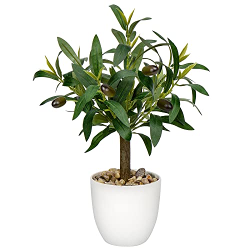 Hollyone 37CM Artificial Olive Plant in Pot Fake Olive Potted Plant Artificial Plant Decorative Faux Greenery with White Pot for Home Decor Bathroom Living Room Kitchen Shelf Table Decorations