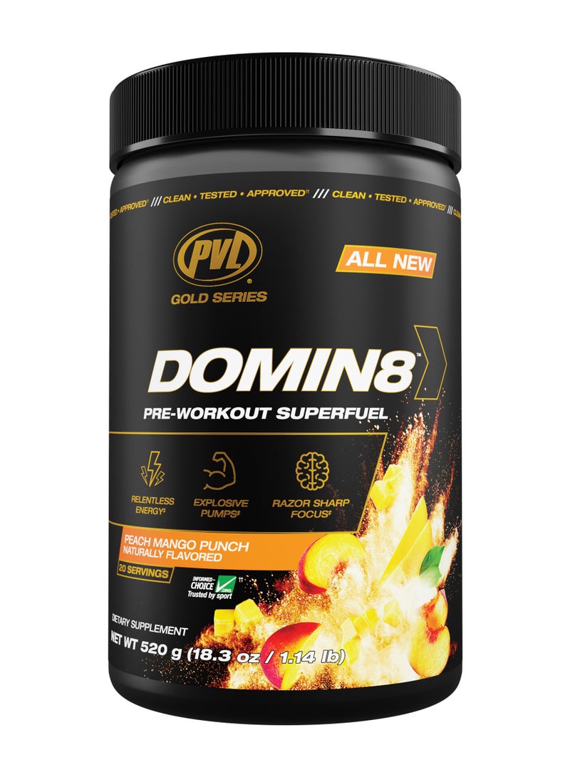 PVL Gold Series DOMIN8 Pre-workout Superfuel 520g (18.3oz) - Peach Mango Punch