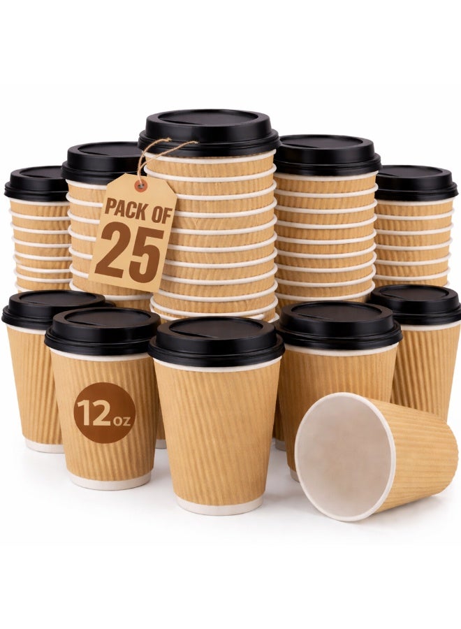 Jagravo Disposable Coffee Cups 12 oz with Lids – Pack of 25 Ripple Paper Cups for Hot & Cold Drinks | Eco-Friendly Takeaway Cups - Image 1