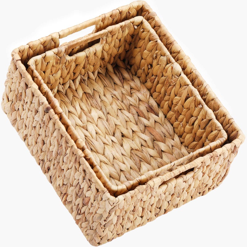 HOONEX Water Hyacinth Storage Baskets Wicker Baskets for Organizing Hand Woven Baskets with Carry Handles Set of 2 Natural
