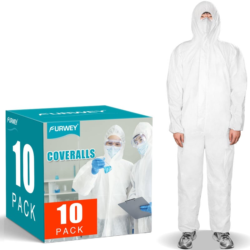 FURWEY Hazmat Suits 10 Pack Disposable Protective Coveralls, Heavy Duty Full Body Painters Suit for Men & Women with Elastic Wrists, Ankles and Hood, Available in 4 sizes-2X-Large - Image 1