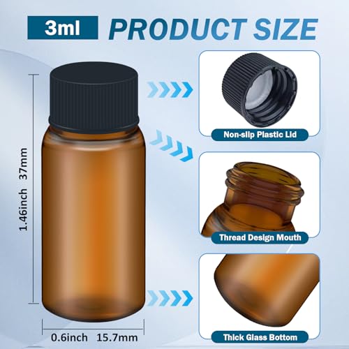 LVDALAB 100Pcs 01Oz3ml Brown Glass Vials with Screw Cap Glass Sample Vial with PE Stopper LeakProof Small Glass Bottles Jars Containers Essential Oil Bottles for Storage Liquid Pills and Lab Use - Image 3