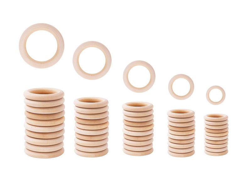 Mandala Crafts Assorted Wooden Macrame Rings Supplies 50 Unfinished Natural Wood Circles for Jewelry Making