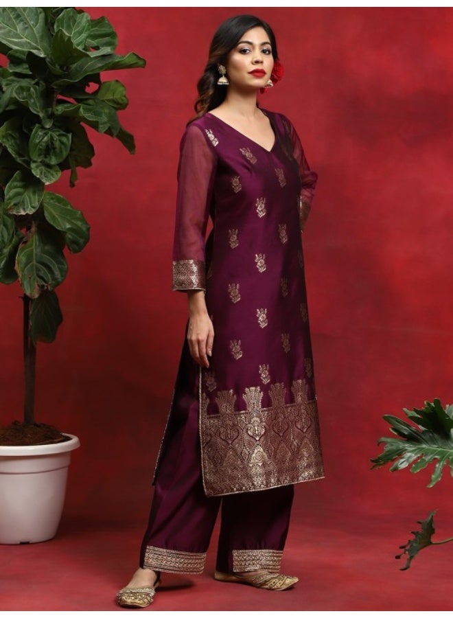 أيه كيه إس طقم كورتا بالازو مع دوباتا من التافتا بتصميم منسوج باللون الأرجواني - Image 3