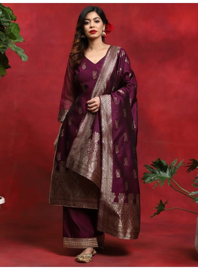 أيه كيه إس طقم كورتا بالازو مع دوباتا من التافتا بتصميم منسوج باللون الأرجواني - Image 1