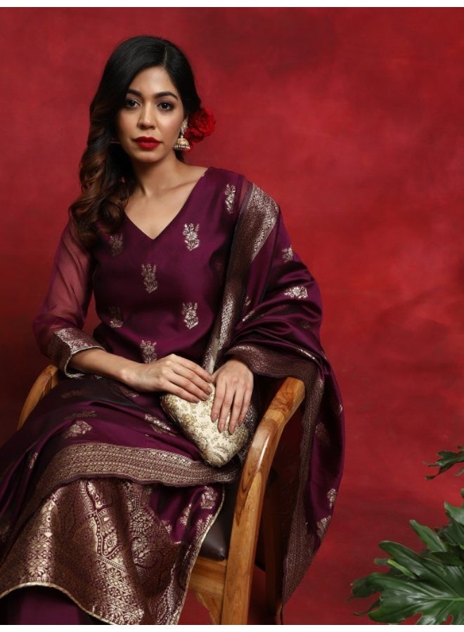 أيه كيه إس طقم كورتا بالازو مع دوباتا من التافتا بتصميم منسوج باللون الأرجواني - Image 2