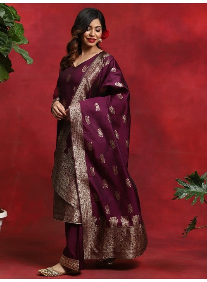 أيه كيه إس طقم كورتا بالازو مع دوباتا من التافتا بتصميم منسوج باللون الأرجواني - Image 4