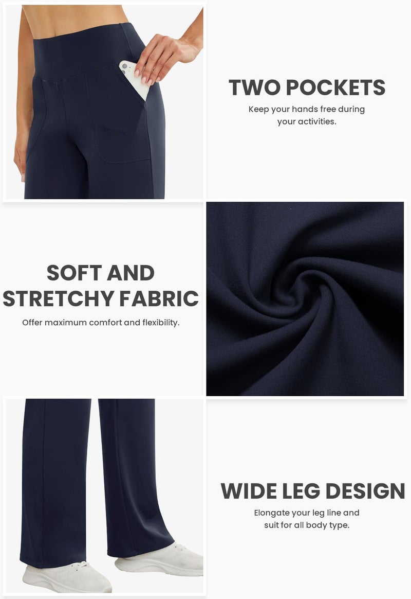 COPYLEAF Wide Leg Pants Woman High Waist Yoga Pants with Pockets Loose Stretch Dress Work Sweatpants Casual Lounge(Navy Blue M) - Image 4