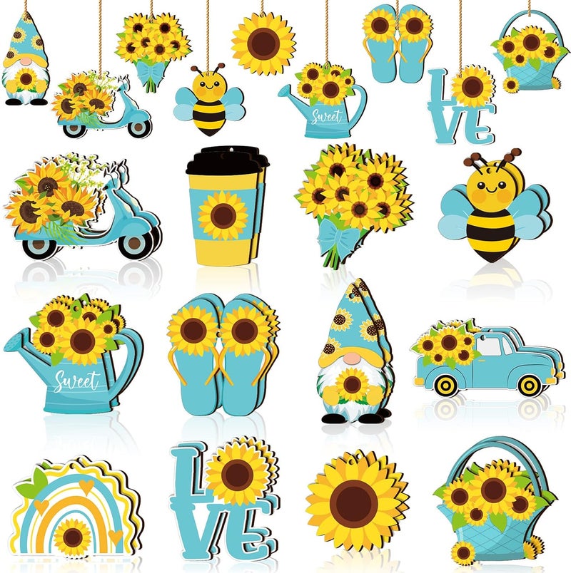 Chunful Sunflower Gnome Wooden Ornament Yellow Flower Gnome Hanging Wooden Pendant Summer Tree Ornaments with Rope for Sunflower Theme Birthday Party Favor Supplies (Bright Style, 24 Pcs) - Image 1