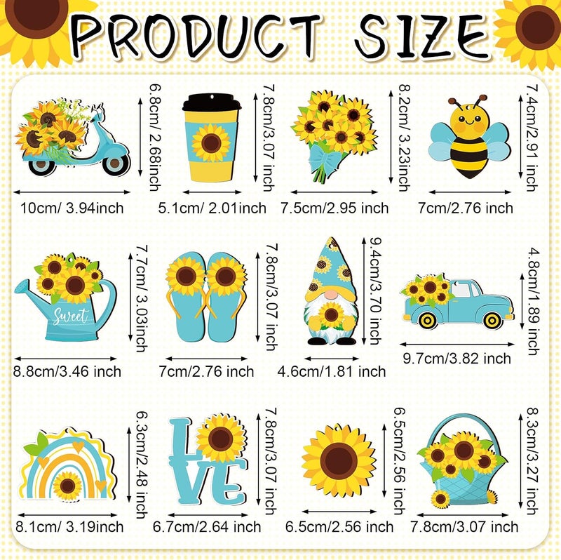 Chunful Sunflower Gnome Wooden Ornament Yellow Flower Gnome Hanging Wooden Pendant Summer Tree Ornaments with Rope for Sunflower Theme Birthday Party Favor Supplies (Bright Style, 24 Pcs) - Image 3
