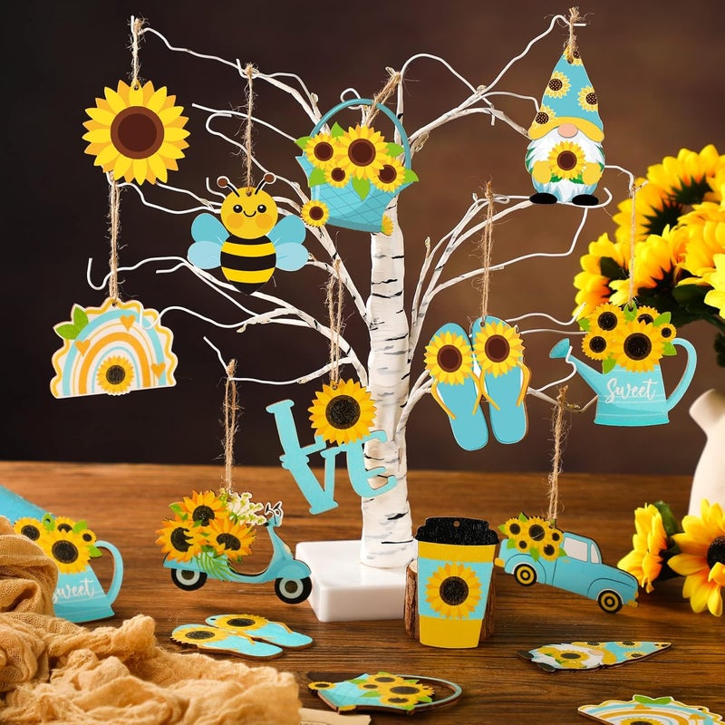 Chunful Sunflower Gnome Wooden Ornament Yellow Flower Gnome Hanging Wooden Pendant Summer Tree Ornaments with Rope for Sunflower Theme Birthday Party Favor Supplies (Bright Style, 24 Pcs) - Image 2