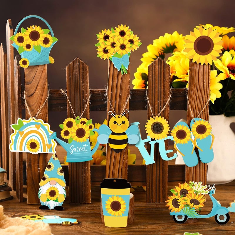 Chunful Sunflower Gnome Wooden Ornament Yellow Flower Gnome Hanging Wooden Pendant Summer Tree Ornaments with Rope for Sunflower Theme Birthday Party Favor Supplies (Bright Style, 24 Pcs) - Image 4