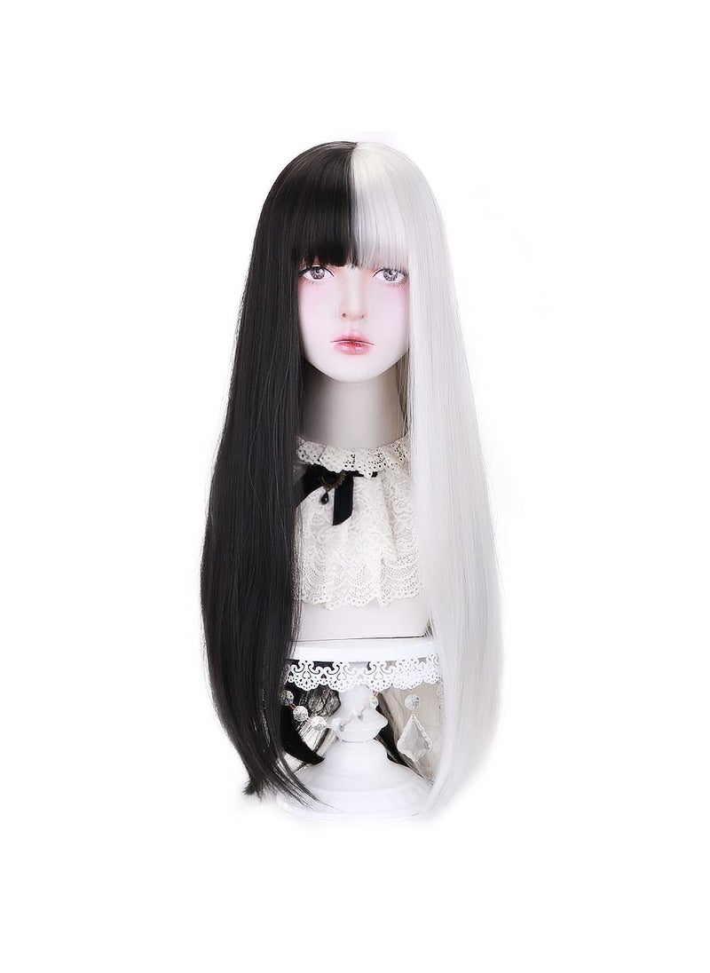 Styler - STYLER Half Black Half White Wig with Bangs Long Straight Anime Cosplay Wig for Women Heat Resistant Synthetic Halloween Hair Wigs - Image 1