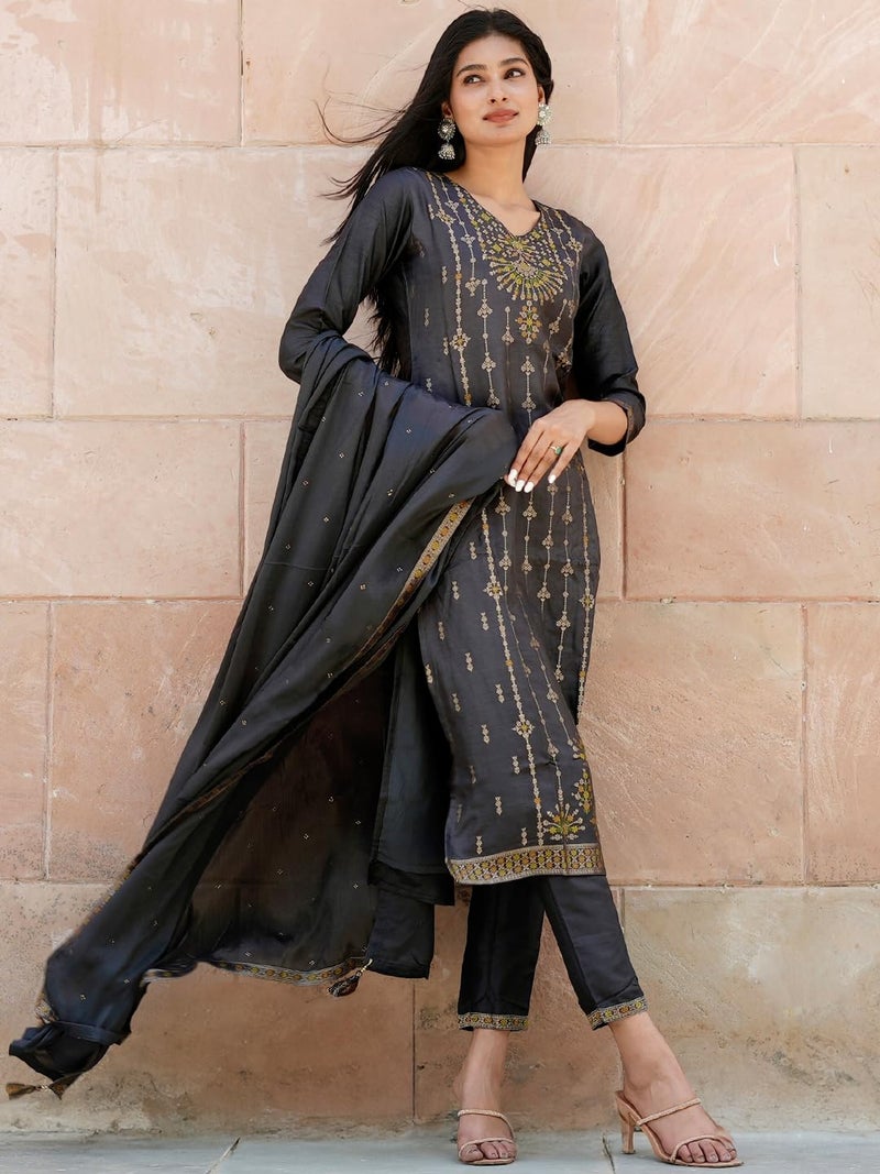 Libas Women's Silk Blend Kurta Sets (33340O_Charcoal - Image 3