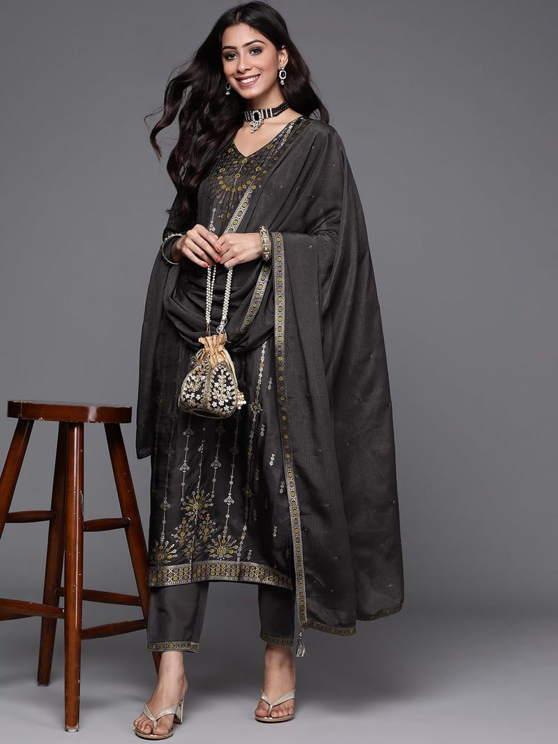 Libas Women's Silk Blend Kurta Sets (33340O_Charcoal - Image 4