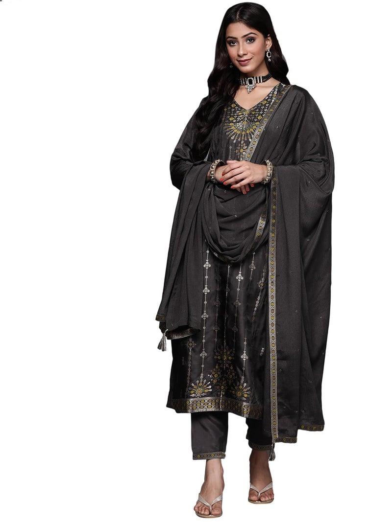Libas Women's Silk Blend Kurta Sets (33340O_Charcoal - Image 1