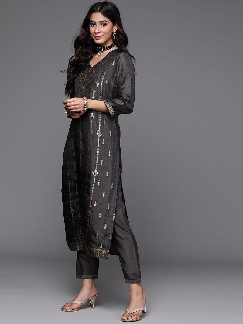 Libas Women's Silk Blend Kurta Sets (33340O_Charcoal - Image 2