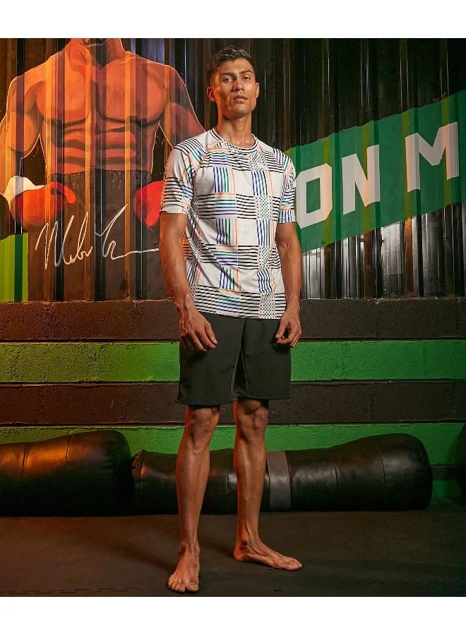 Campus Sutra CS Life Men's Ivory White Lines Activewear T-Shirt For Casual Wear | Crew Neck | Short Sleeve | Anti-Odor | Dri-Fit | Jersey T-Shirt Crafted With Comfort Fit & High-Performance