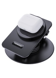 porodo 15W Wireless Charging Station with Rotating Stand / Folding Watch Charger / Phone / Smart Watch and Earbuds Charger / Flexible Viewing Angle / Fast and Efficient Charging - Black  - Image 3