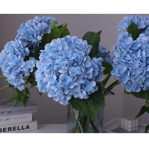 Buart 4PCS Long Stem Big Size Blue Flowers Artificial Silk Hydrangea Lifelike Flowers Real Touch Blue Artificial Flowers Wedding Shower Bride Bouquets Office Living Room Table Decorations (21 Inch) - Image 5