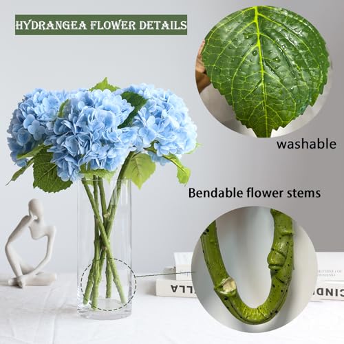 Buart 4PCS Long Stem Big Size Blue Flowers Artificial Silk Hydrangea Lifelike Flowers Real Touch Blue Artificial Flowers Wedding Shower Bride Bouquets Office Living Room Table Decorations (21 Inch) - Image 3