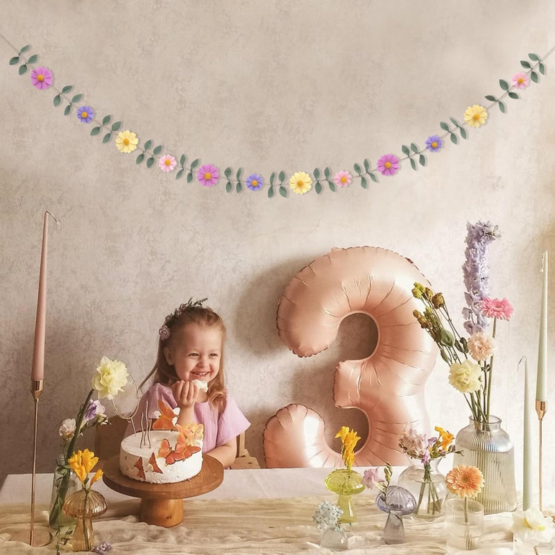 LINGANA Felt Colorful Daisy Banner - Spring Birthday Wedding Party Decorations,Colorful Flowers Green Leaves Chain Garland,Flower Leaf Party Photo Props,Bohemian Daisy Home Room Hanging Garland - Image 3