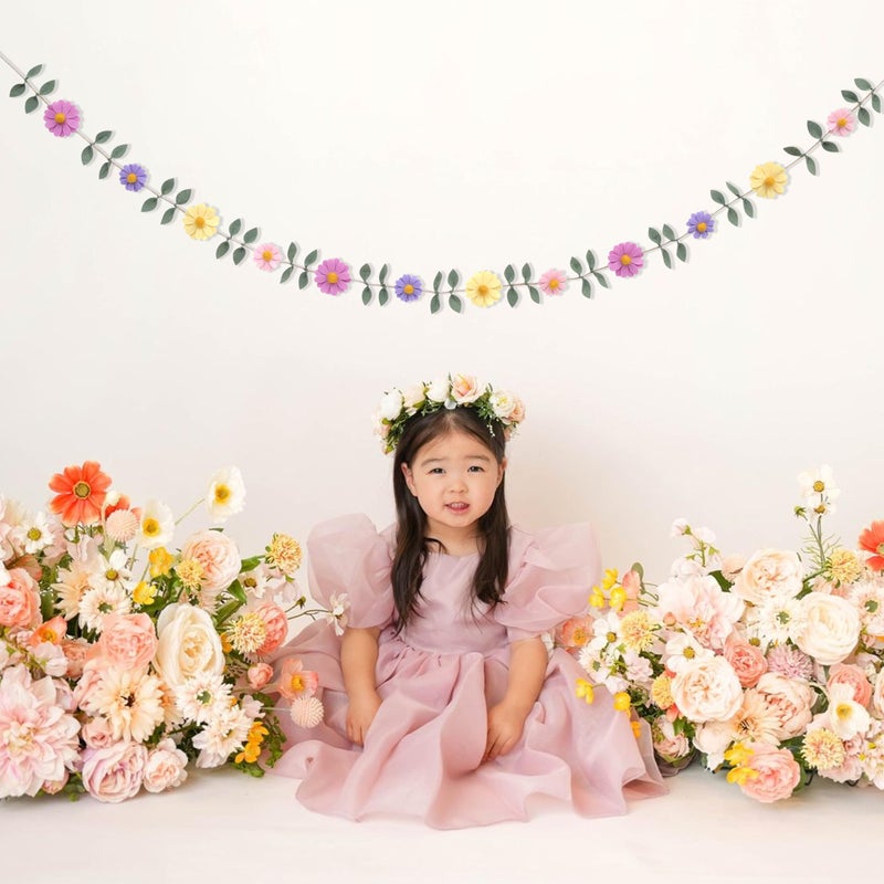 LINGANA Felt Colorful Daisy Banner - Spring Birthday Wedding Party Decorations,Colorful Flowers Green Leaves Chain Garland,Flower Leaf Party Photo Props,Bohemian Daisy Home Room Hanging Garland - Image 2