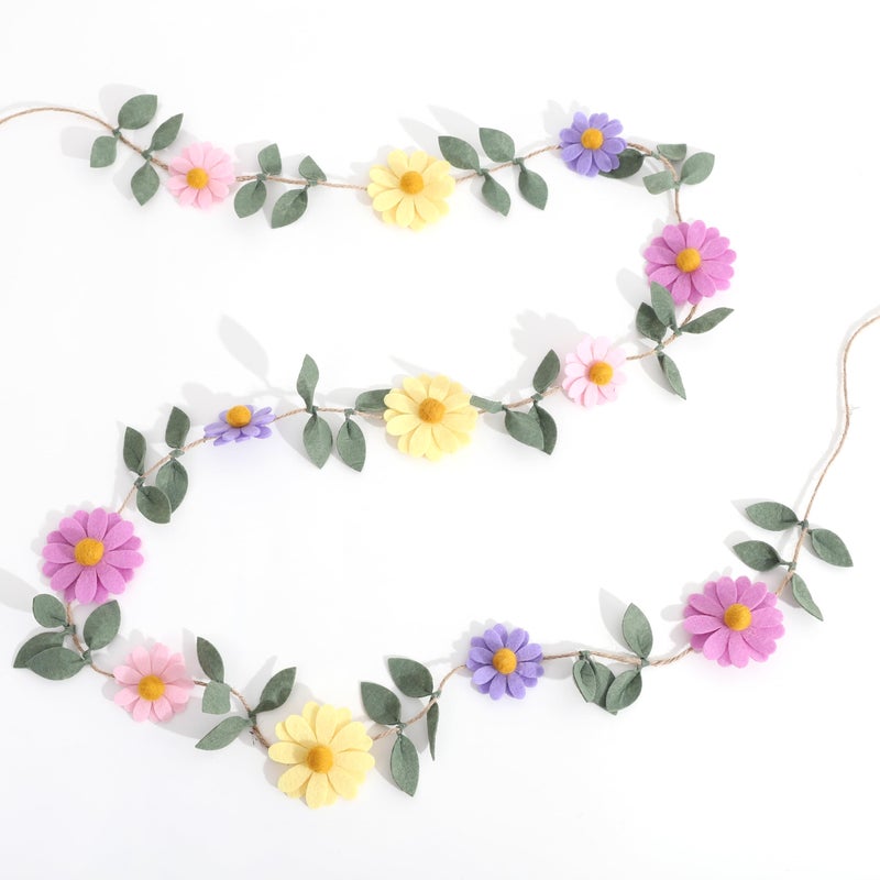 LINGANA Felt Colorful Daisy Banner - Spring Birthday Wedding Party Decorations,Colorful Flowers Green Leaves Chain Garland,Flower Leaf Party Photo Props,Bohemian Daisy Home Room Hanging Garland - Image 1