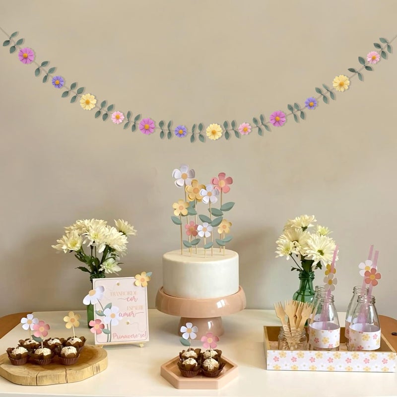 LINGANA Felt Colorful Daisy Banner - Spring Birthday Wedding Party Decorations,Colorful Flowers Green Leaves Chain Garland,Flower Leaf Party Photo Props,Bohemian Daisy Home Room Hanging Garland - Image 4