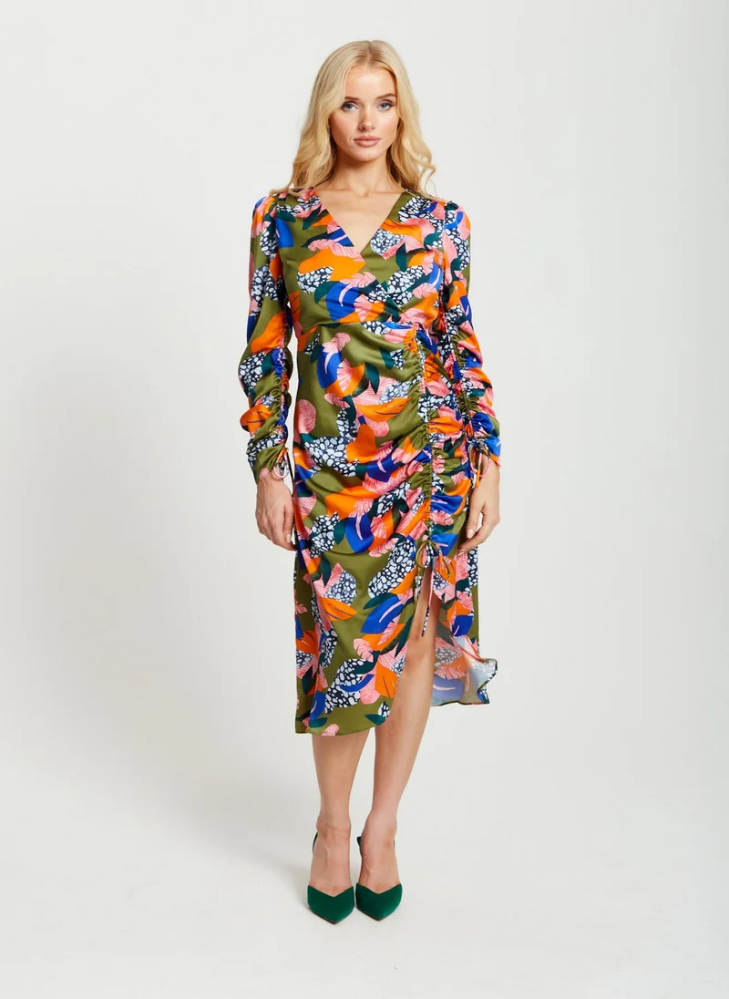 Liquorish Leaf Print Midi Ruched Dress In Olive