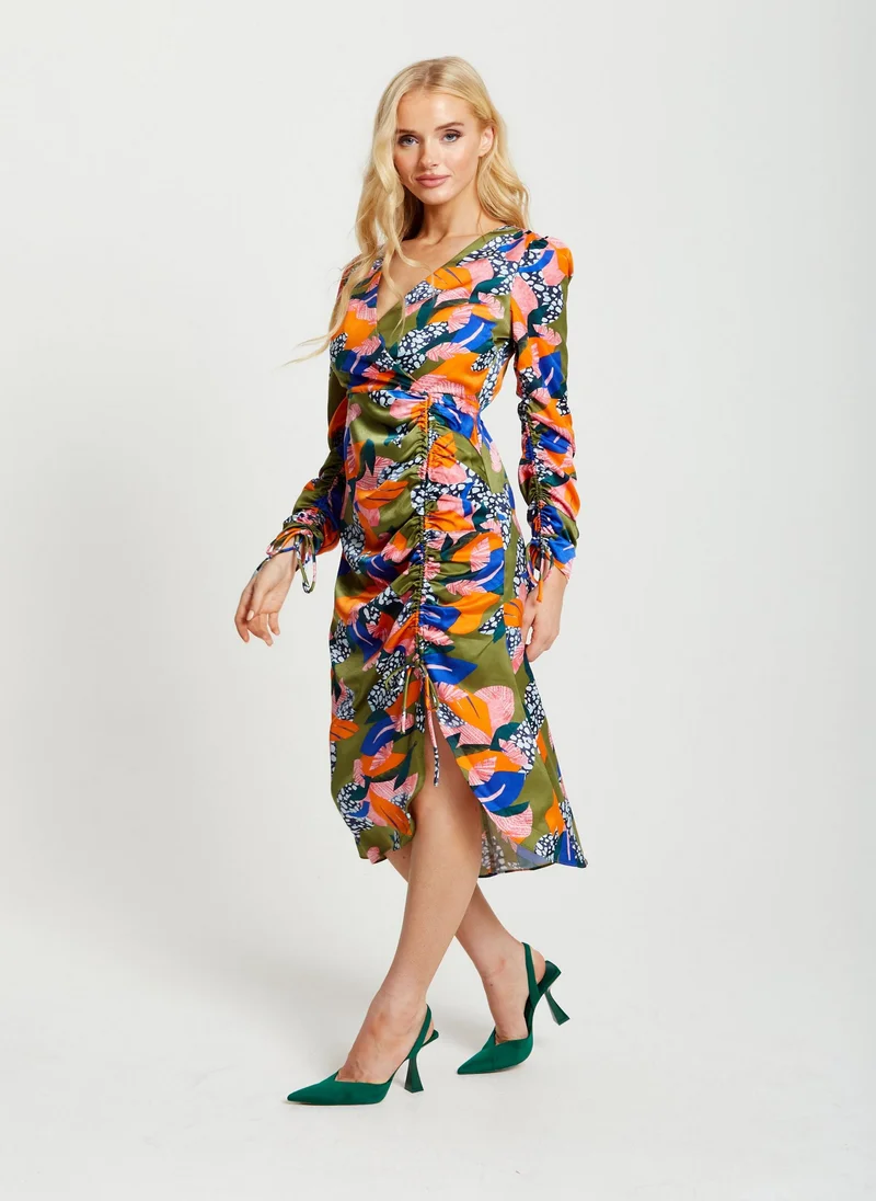 Liquorish Leaf Print Midi Ruched Dress In Olive