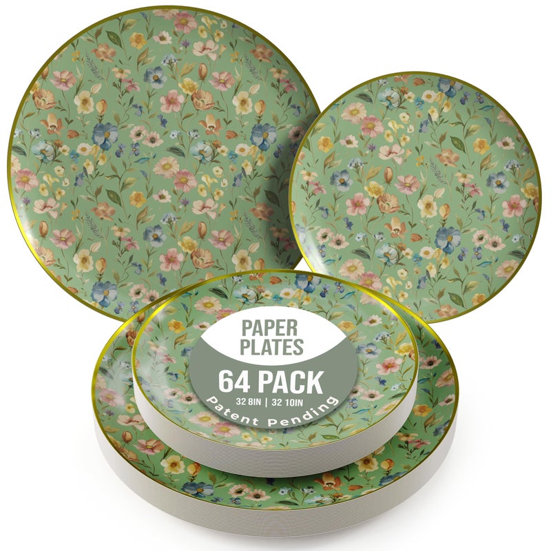 Trendables Heavy Duty Paper Plates Set For 32 Guests - 32 Each Of 8-inch And 10-inch Disposable Plates For Party - Fancy 64 Piece Dinnerware Set For All Occasions | Floral Design, Bouyant - Image 1