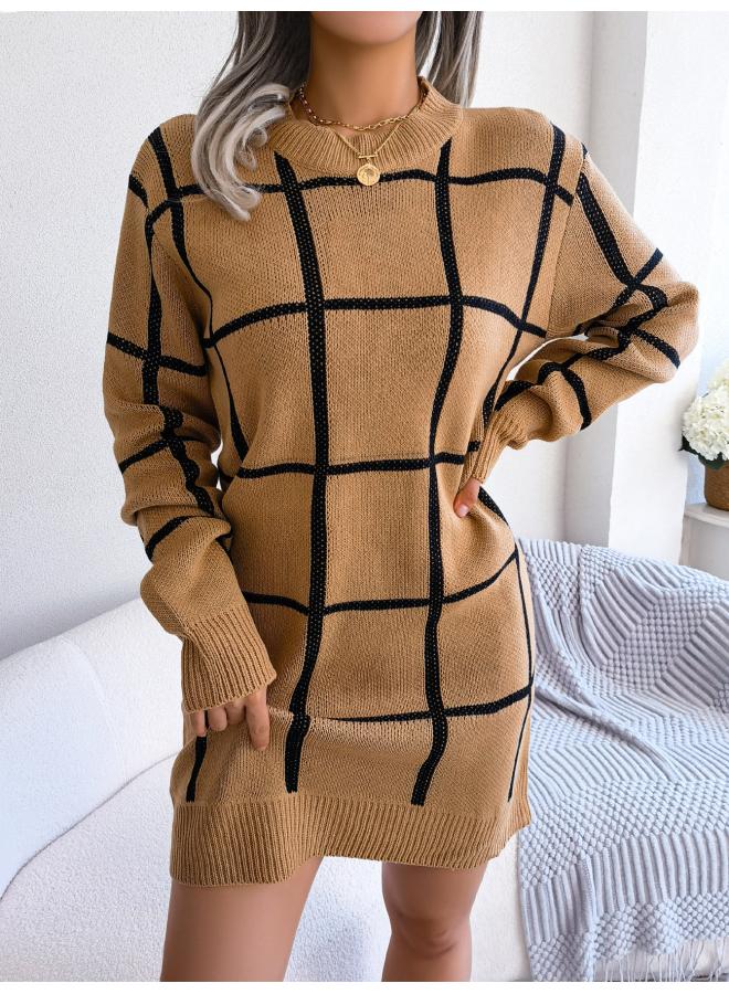 Real Shot Autumn And Winter Europe And The United States Leisure Contrast Plaid Long Sleeve Bottoming Sweater Dress Women's Clothing
