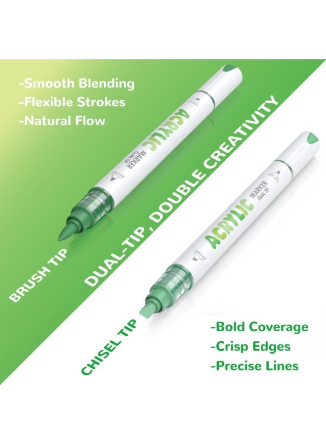 Guangna 12 Green Dual Tip Acrylic Paint Markers, Brush Tip & Chisel Tip Acrylic Paint Pens for Pumpkin Paint, Rock, Wood, Glass, Paper, Coloring Book, Ceramic, Canvas, Water-Based Ink - Image 3