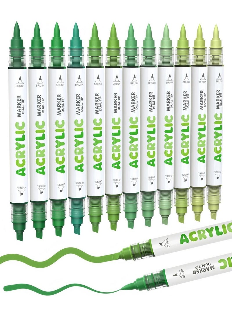 Guangna 12 Green Dual Tip Acrylic Paint Markers, Brush Tip & Chisel Tip Acrylic Paint Pens for Pumpkin Paint, Rock, Wood, Glass, Paper, Coloring Book, Ceramic, Canvas, Water-Based Ink - Image 1
