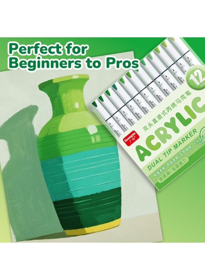 Guangna 12 Green Dual Tip Acrylic Paint Markers, Brush Tip & Chisel Tip Acrylic Paint Pens for Pumpkin Paint, Rock, Wood, Glass, Paper, Coloring Book, Ceramic, Canvas, Water-Based Ink - Image 4