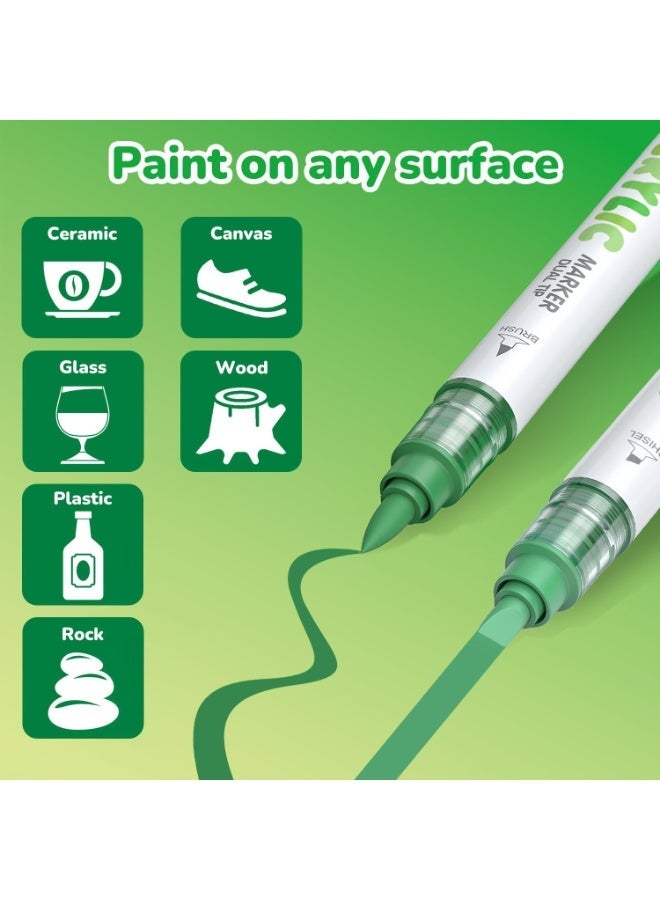 Guangna 12 Green Dual Tip Acrylic Paint Markers, Brush Tip & Chisel Tip Acrylic Paint Pens for Pumpkin Paint, Rock, Wood, Glass, Paper, Coloring Book, Ceramic, Canvas, Water-Based Ink - Image 2