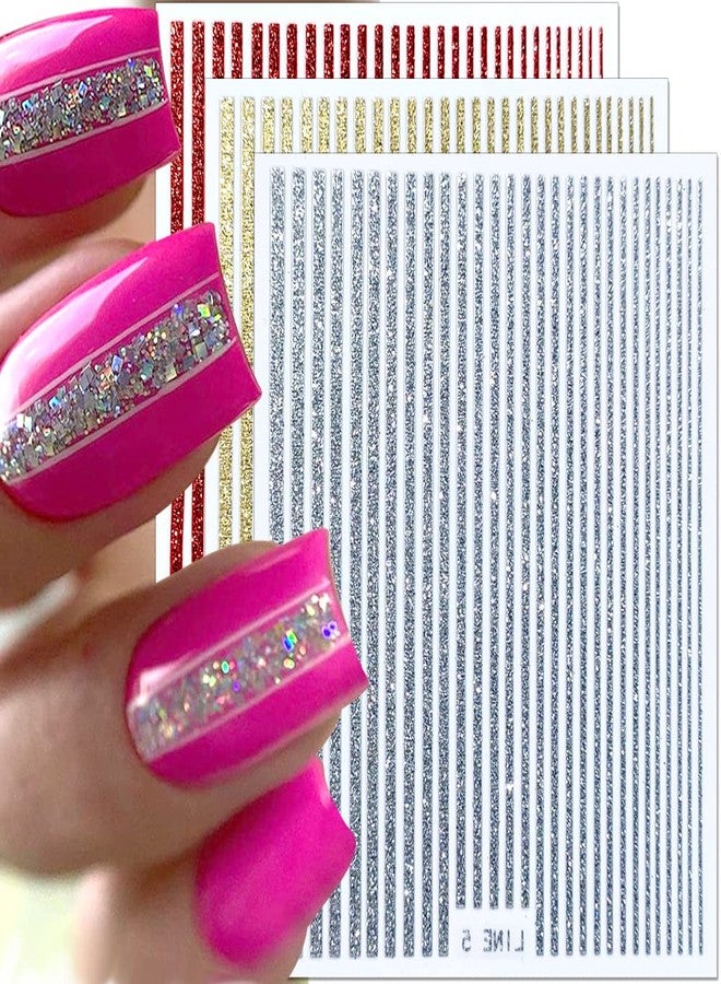 JALIYA 3D Glitter Lines Nail Stickers Holographic Nail Art Stickers Metal Stripe Nail Decals Self Adhesive Geometric Strip Line Nails Stickers Women DIY Nail Supplies,6 Colors/Set - Image 1
