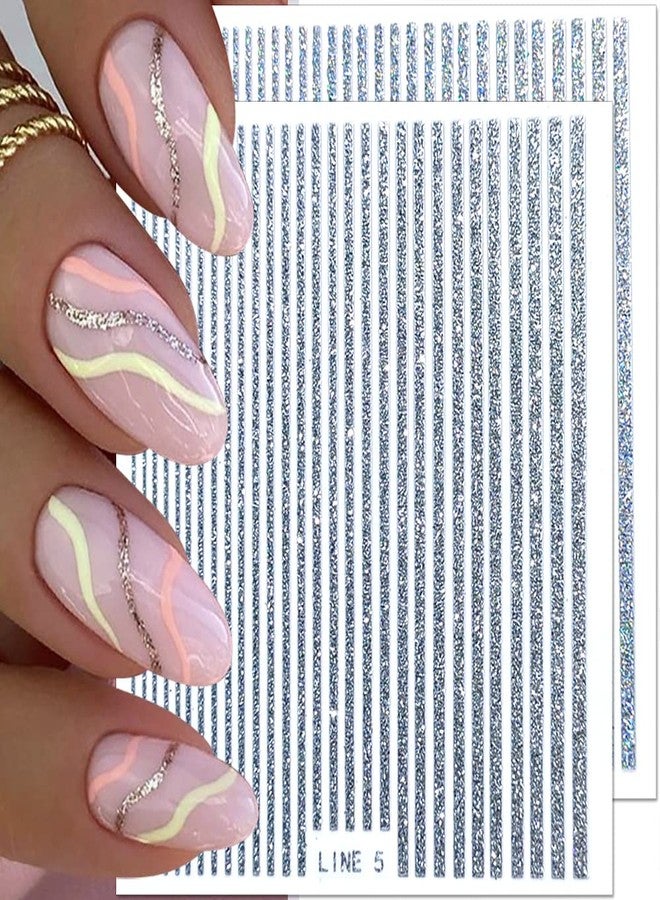 JALIYA 3D Glitter Lines Nail Stickers Holographic Nail Art Stickers Metal Stripe Nail Decals Self Adhesive Geometric Strip Line Nails Stickers Women DIY Nail Supplies,6 Colors/Set - Image 3