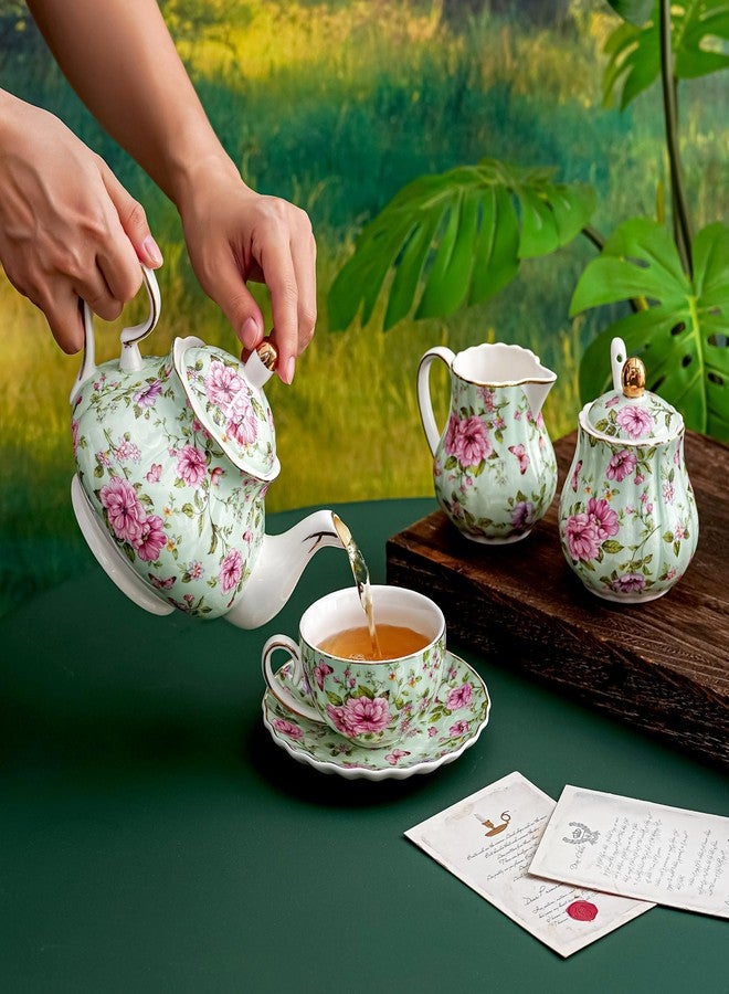 Agyiuns Flower Ceramic Teapot,22oz Porcelain Tea pot for Tea Coffee Milk for Office Home Men Women as Gift (Green) - Image 4