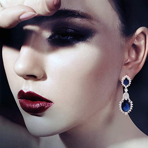 GULICX Vintage Design Long Luxury Oval CZ Stone Silver Tone Blue -Sapphire Color Drop Earrings - Image 5