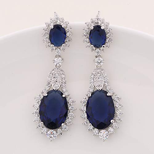 GULICX Vintage Design Long Luxury Oval CZ Stone Silver Tone Blue -Sapphire Color Drop Earrings - Image 3