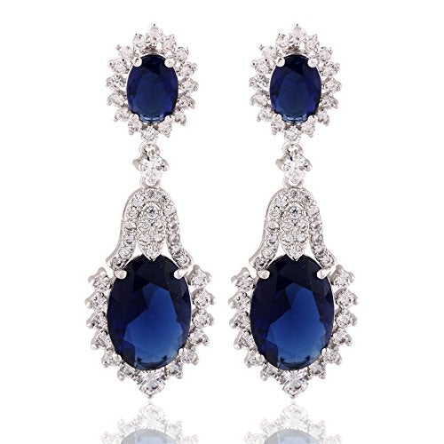 GULICX Vintage Design Long Luxury Oval CZ Stone Silver Tone Blue -Sapphire Color Drop Earrings - Image 1