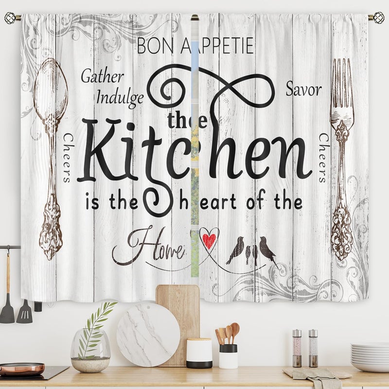 Riyidecor Riyidecor Kitchen Curtains Rustic Farmhouse 55x39 Inch Rod Pocket Country Short Small Barn Fork and Spoon Wooden Wood Plank Board Vintage Printed Cafe Window Curtains Drapes Treatment Fabric 2 Panels
