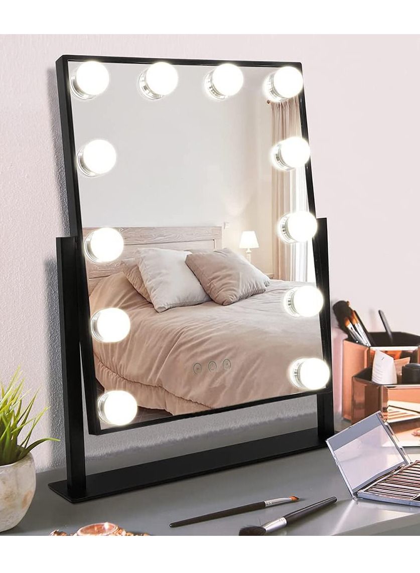 Smart Touch Control Electric Tabletop Makeup Mirror, Vanity Mirror with 12 Dimmable Bulbs LED Lights, Three Color Lighting Modes, 360°Rotation