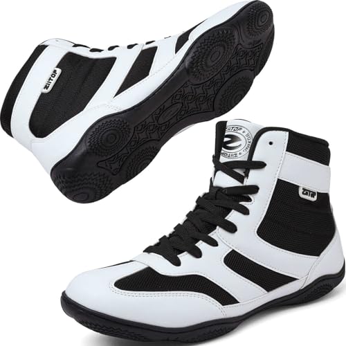ziitop Wrestling Shoes Men Boxing Shoe for Mens Weightlifting Powerlifting Deadlift Squatting High Top Fitness Zero Drop BlackWhite - Image 1