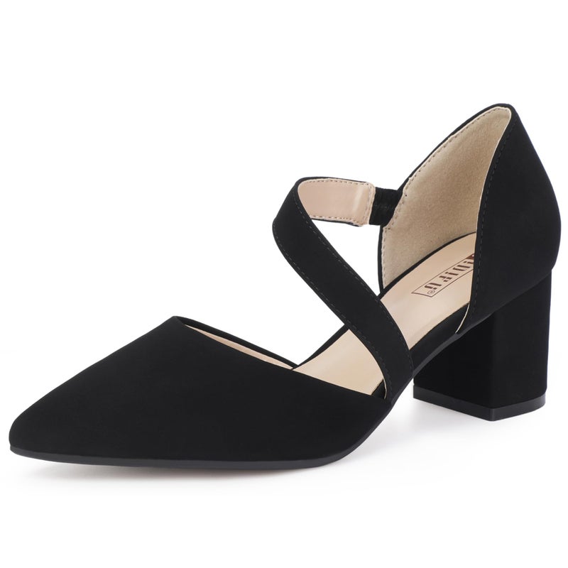 IDIFU Black Women's Pumps Closed Toe Strappy Heels Low Block Chunky Heels Dressy Wedding Bride Prom Office Business Dress Shoes for Women Comfortable Formal Pointed Toe Short Heels(Black Nubuck,9) - Image 1