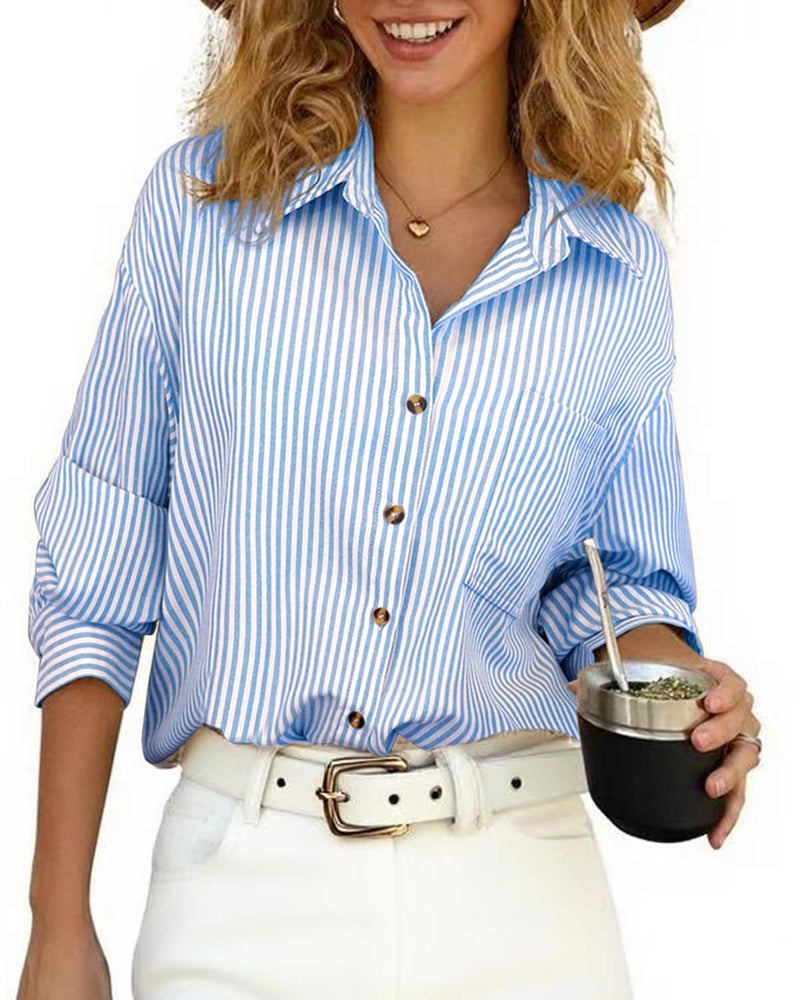 CHYRII Womens Striped Button Down Shirt Casual Long Sleeve Blouse Top Indigo Blue-7174 M - Image 2